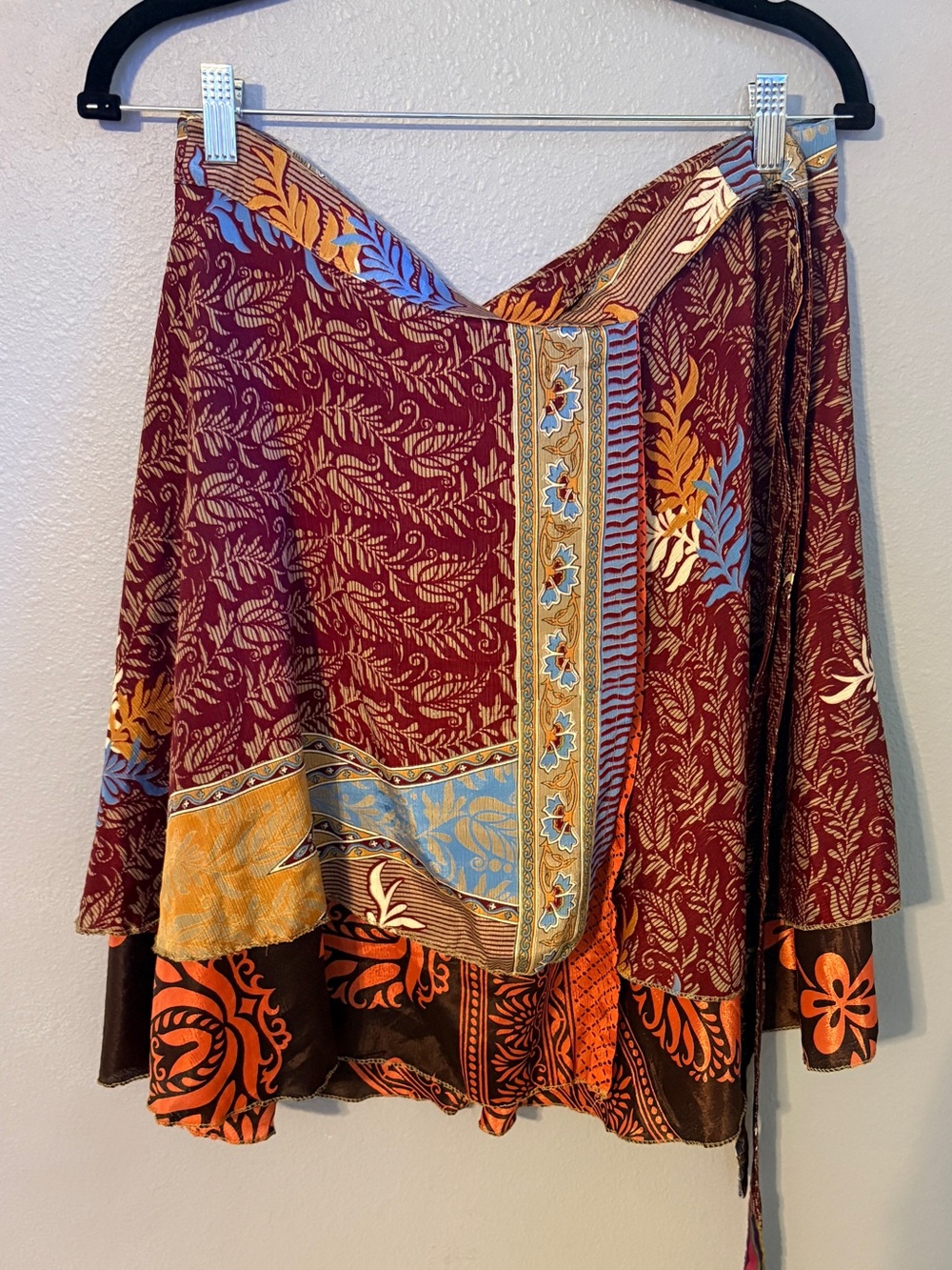 Asymmetrical Boho Reversible Wrap Skirt in Burgundy with Orange & Blue Accents